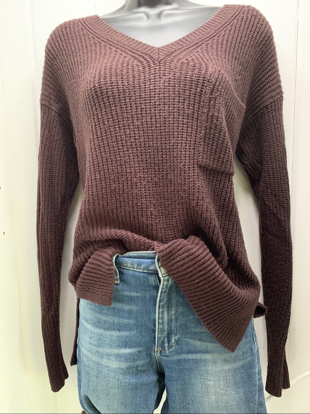 V-neck Sweater Women's Small Anthropologie Sanctuary Dark Brown Shaker chunky